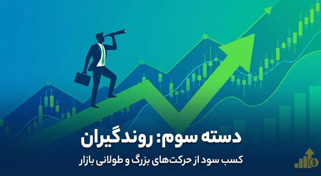 سرمایه‌گذار با تلسکوپ در حال صعود از یک فلش سبز بزرگ، نماد روندگیران در حال شکار روندهای طولانی‌مدت بورس