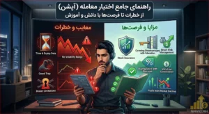 تصویری گرافیکی و دو طرفه از معامله‌گر بورس در مقابل مانیتور؛ سمت راست با رنگ سبز مزایای اختیار معامله (بیمه، سود دوطرفه، مدیریت ریسک) و سمت چپ با رنگ قرمز معایب آن (محدودیت زمانی، تله طمع، ریسک نوسان) را نشان می‌دهد.