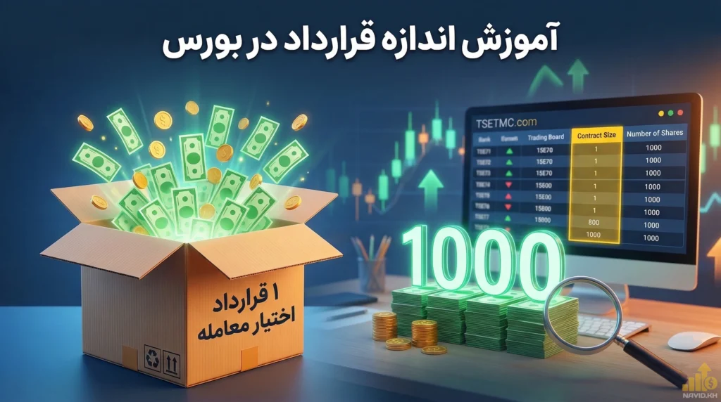 اینفوگرافیک آموزشی بورس ایران در مورد اندازه قرارداد (Option Contract Size) که نشان می‌دهد ۱ قرارداد اختیار معامله شامل ۱۰۰۰ برگه سهم پایه است و در صفحه tsetmc.com عدد ۱۰۰۰ جلوی اندازه قرارداد هایلایت شده است.